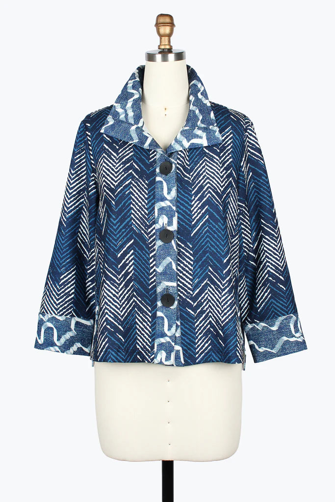 DAMEE NAVY AND WHITE GEOMETRIC LONG SLEEVES COLLAR TOP - 5142 - NAVY