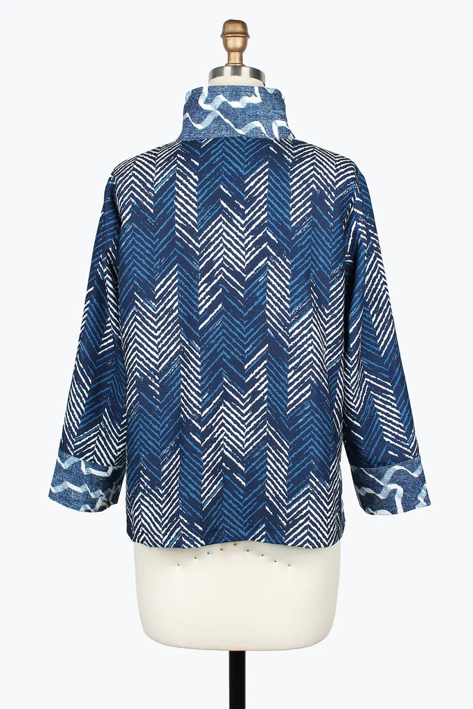 DAMEE NAVY AND WHITE GEOMETRIC LONG SLEEVES COLLAR TOP - 5142 - NAVY