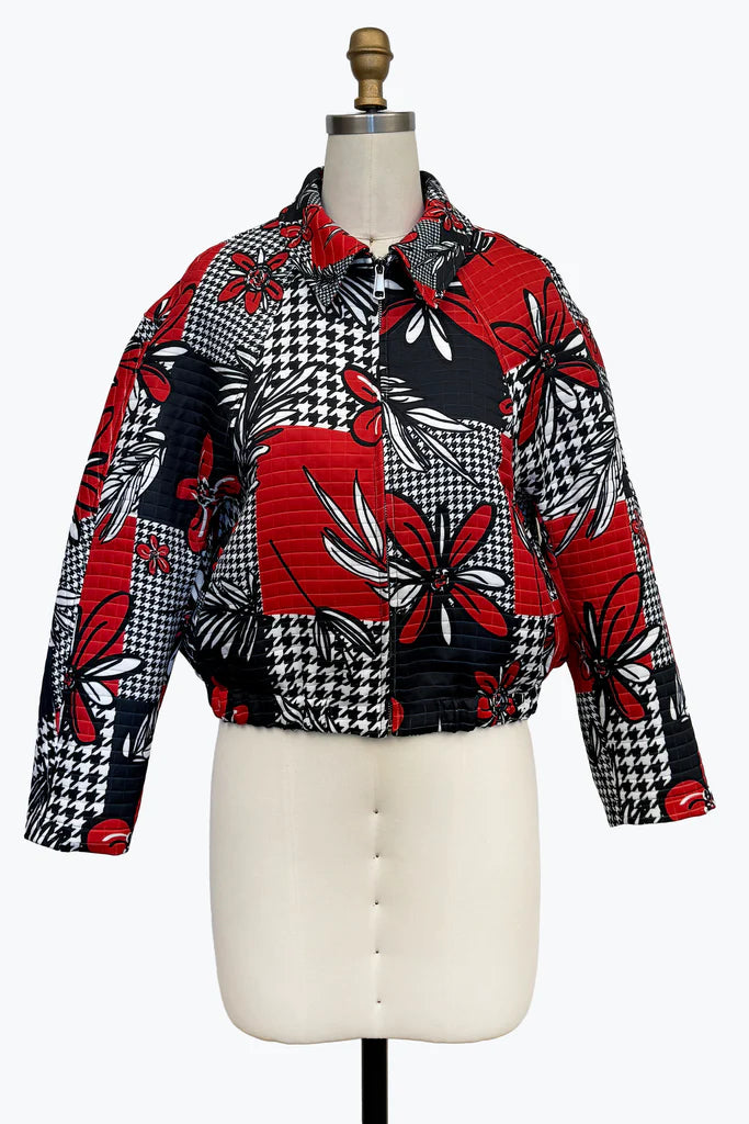 DAMEE RED, BLACK, AND WHITE FLORAL ZIP-UP JACKET - 5143 - RED