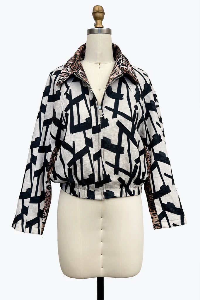 DAMEE BEIGE AND BLACK GEOMETRIC ZIP-UP JACKET - 5144 - BEIGE