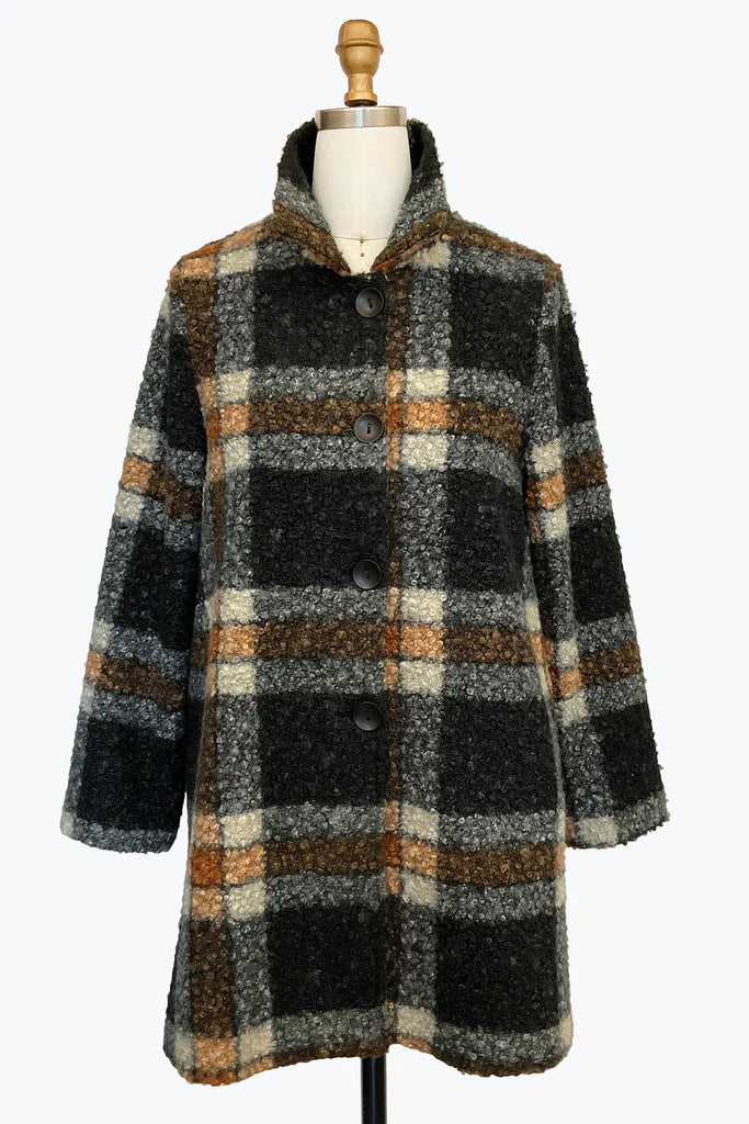 DAMEE BLACK AND RUST PLAID BOUCLE LONG COAT - 5146 - BLACK