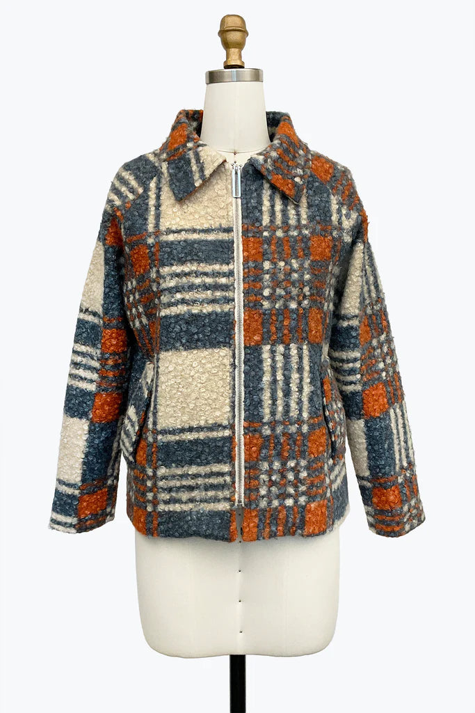 DAMEE IVORY, NAVY, AND ORANGE PLAID BOUCLE SHORT JACKET- 5152 - IVORY