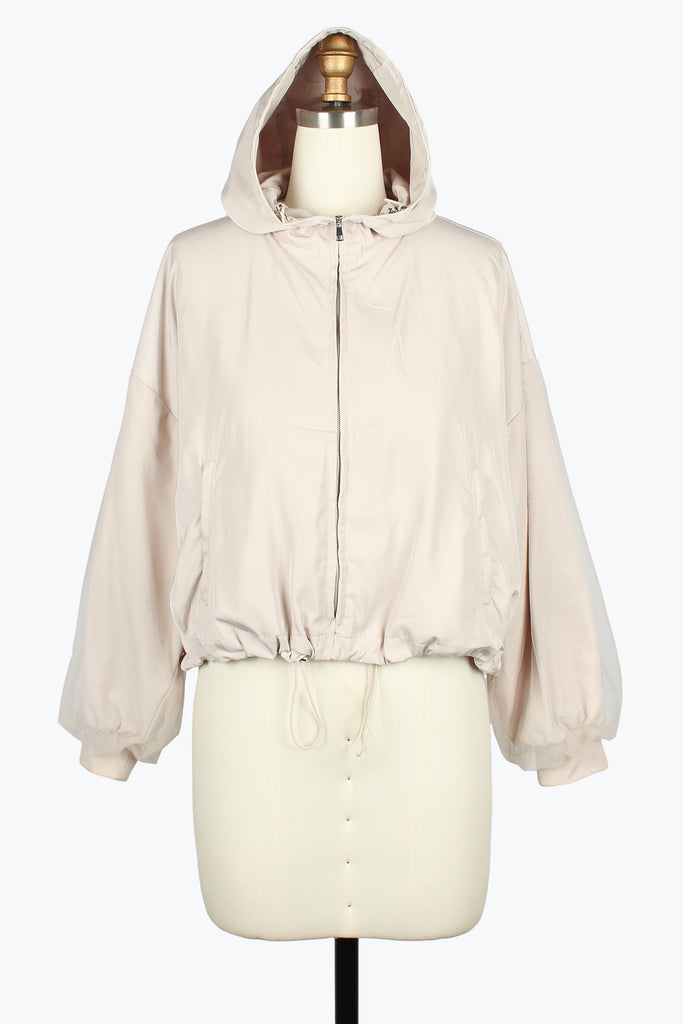 DAMEE BEIGE HOODED SHORT WINDBREAKER ZIP UP JACKET - 5154 - BEIGE