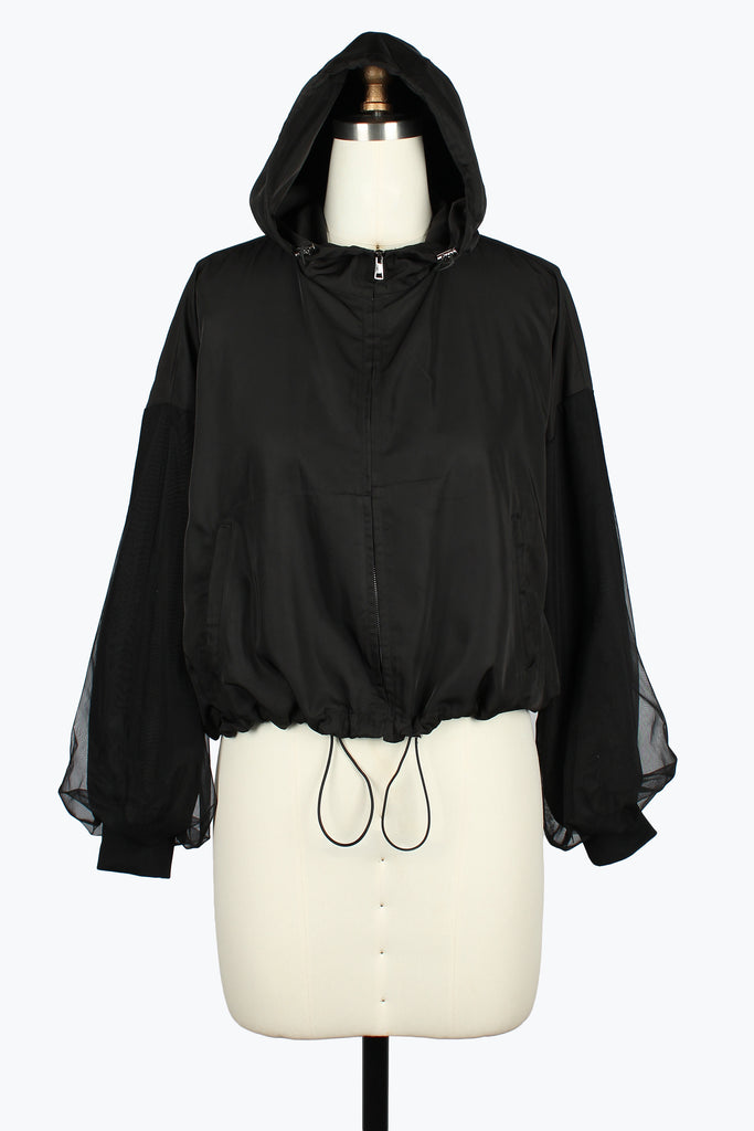 DAMEE BLACK HOODED SHORT WINDBREAKER ZIP UP JACKET - 5154 - BLACK