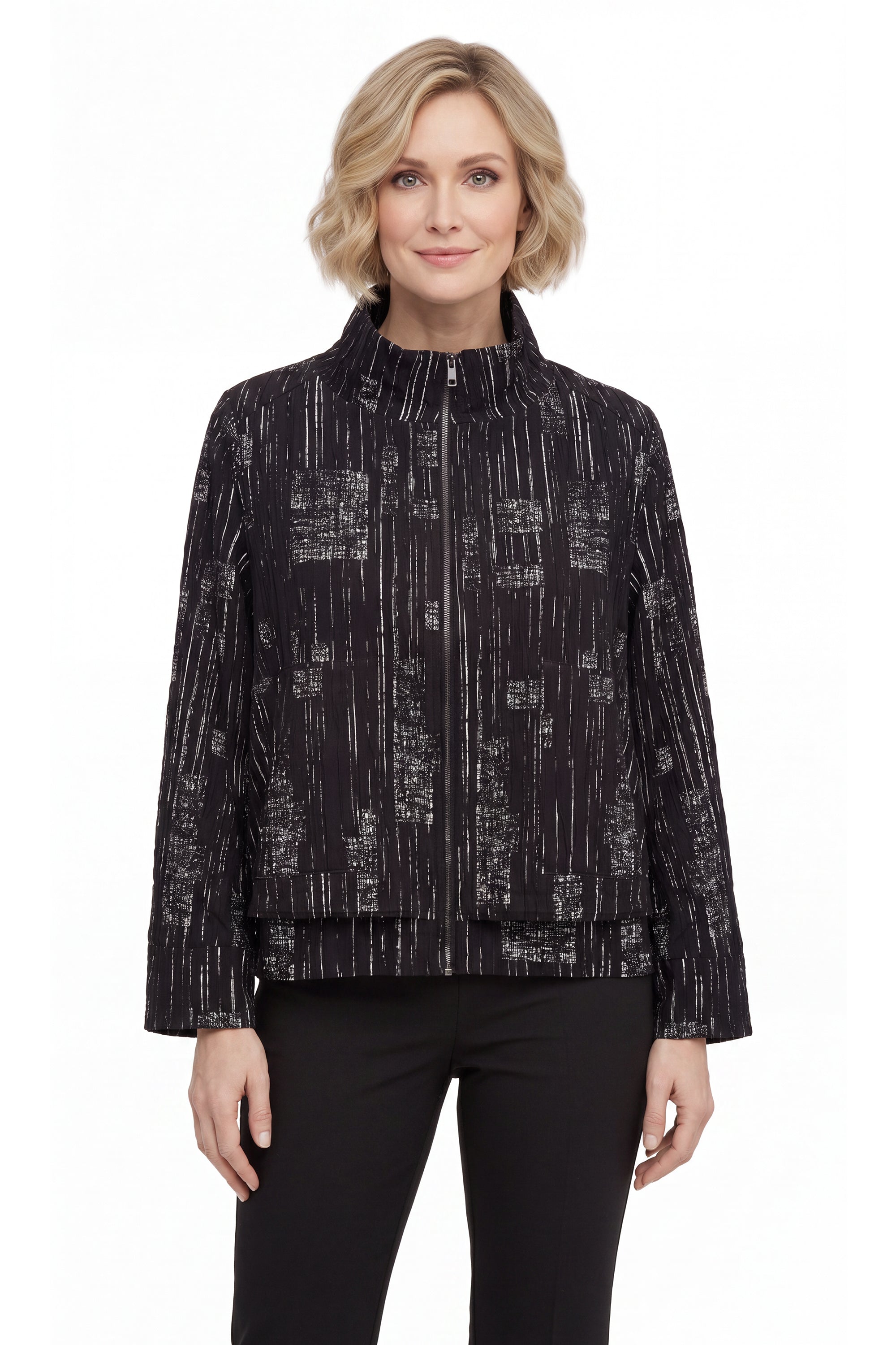 DAMEE LAYERED BLACK AND WHITE ZIP-UP JACKET - 5156 - BLACK