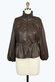 DAMEE VEGAN LEATHER CINCHED HIGH NECK DRAWSTRING JACKET - 5158 - BROWN