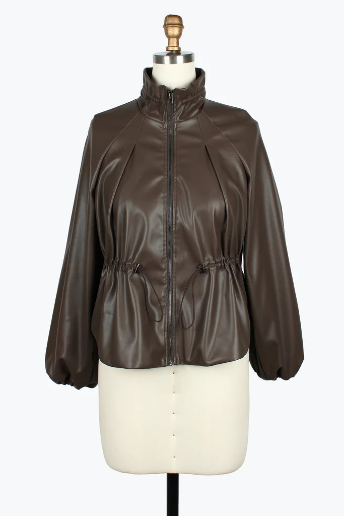 DAMEE VEGAN LEATHER CINCHED HIGH NECK DRAWSTRING JACKET - 5158 - BROWN