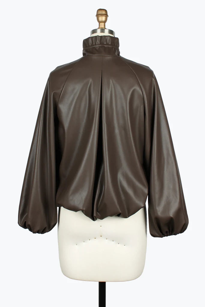 DAMEE VEGAN LEATHER CINCHED HIGH NECK DRAWSTRING JACKET - 5158 - BROWN