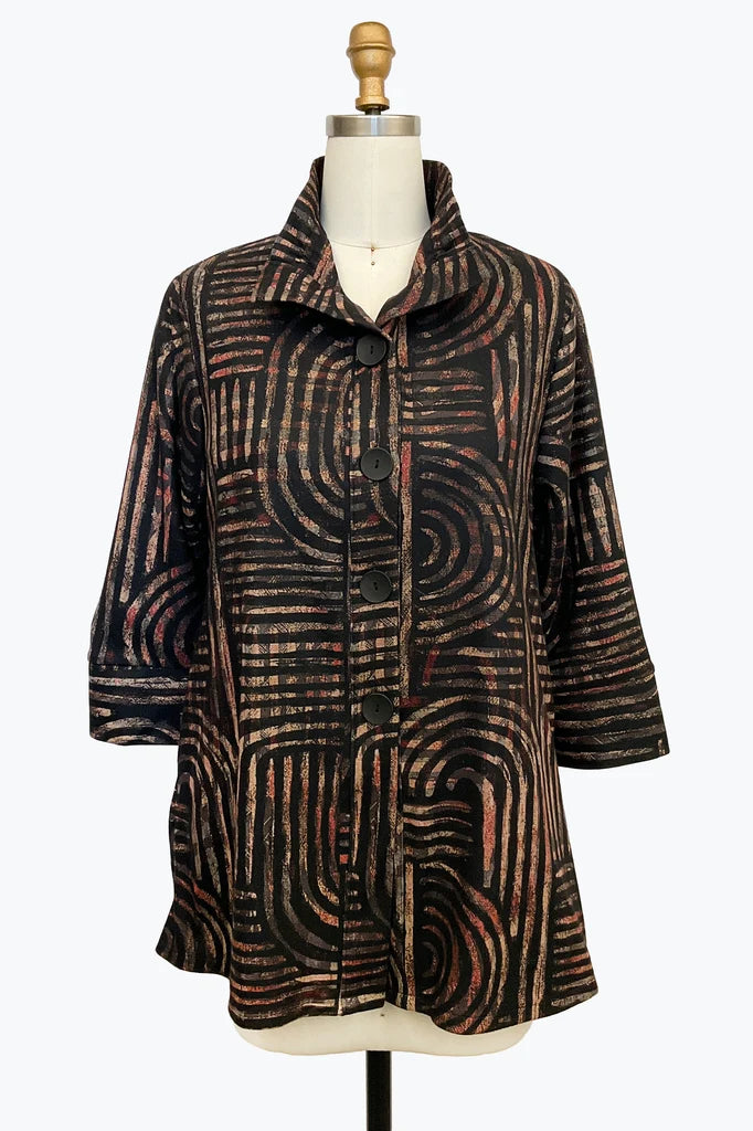 DAMEE BLACK AND BROWN GEOMETRIC LONG BUTTON DOWN COLLARED JACKET - 5168 - BROWN