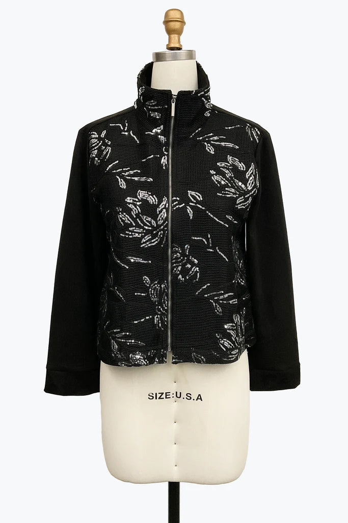 DAMEE BLACK AND SILVER FLORAL SEQUIN CORDING SUEDE FULL ZIP UP JACKET - 5171 - SILVER