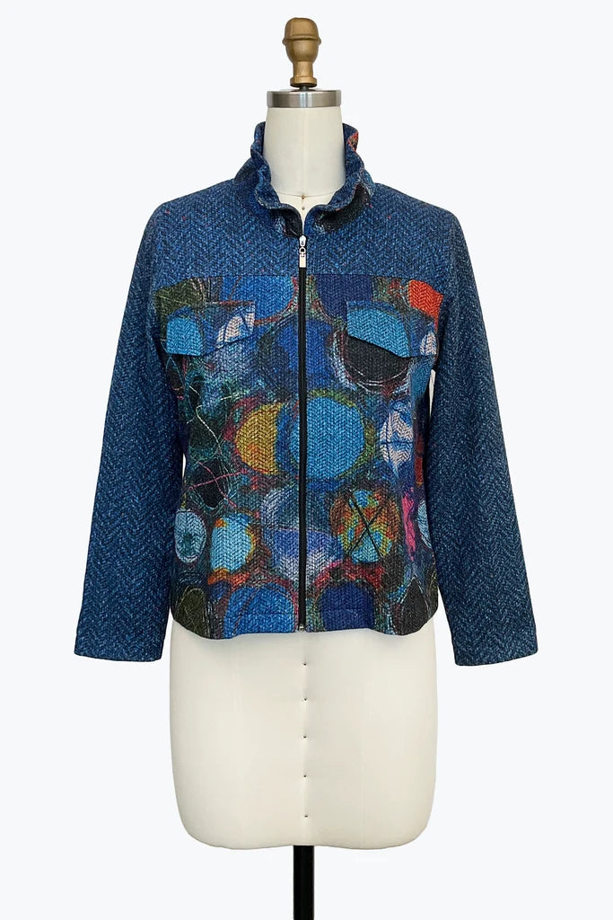 DAMEE MULTI-DOT ABSTRACT ART ZIP-UP HERRINGBONE PRINT JACKET- 5174 - BLUE