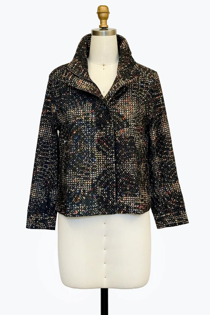 DAMEE GEOMETRIC BLACK AND BEIGE BIKER STYLE JACKET WITH COLLAR - 5176 - BLACK
