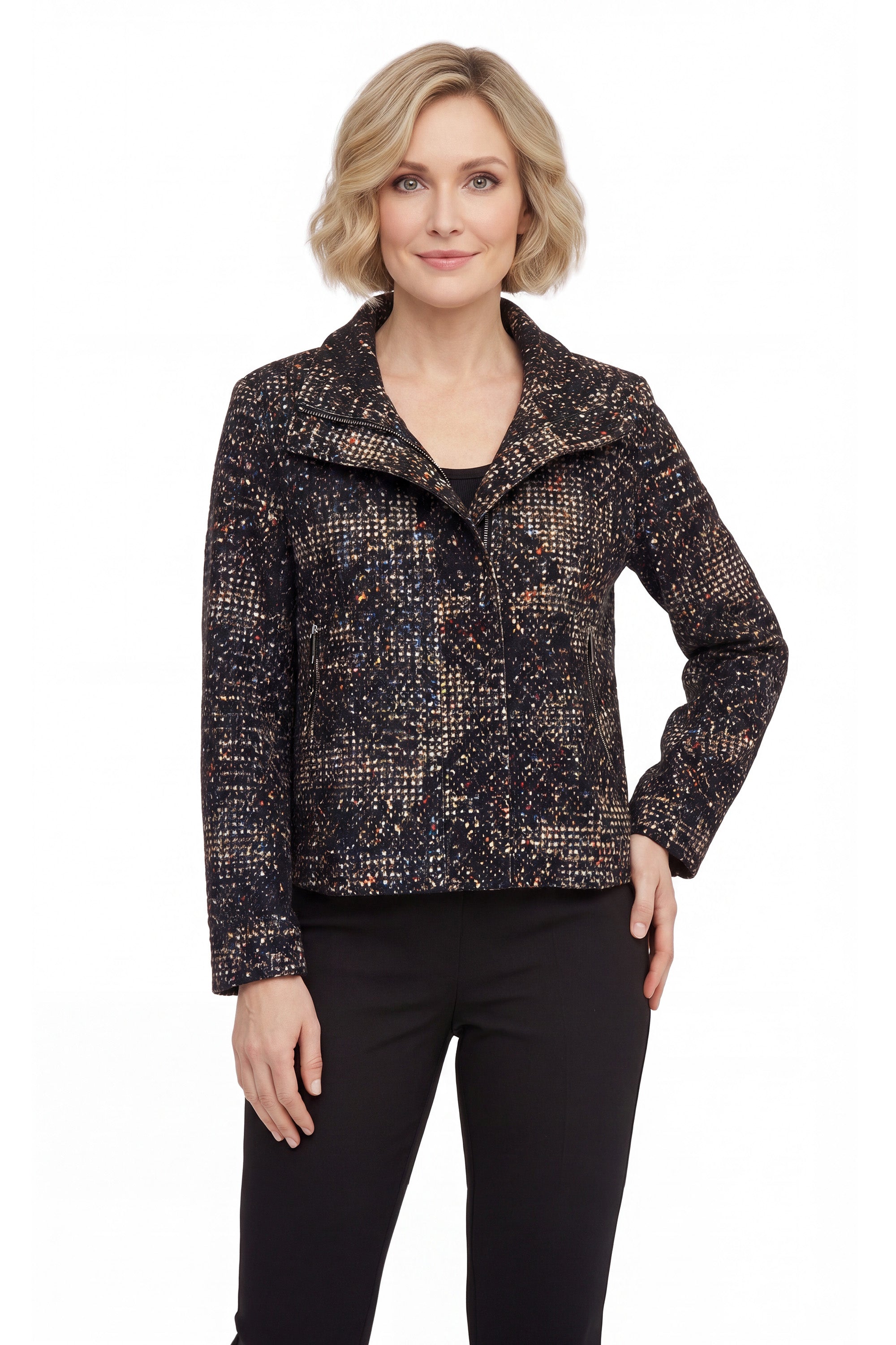 DAMEE GEOMETRIC BLACK AND BEIGE BIKER STYLE JACKET WITH COLLAR - 5176 - BLACK