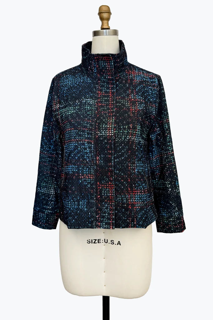 DAMEE NAVY, MAGENTA AND BLACK HIGH NECK BIKER STYLE JACKET - 5176 - NAVY