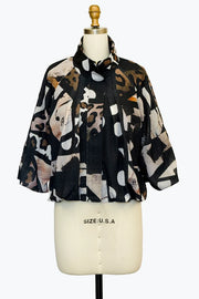 DAMEE CROPPED BROWN, CREAM AND BLACK ZIP-UP JACKET - 5178 - BROWN