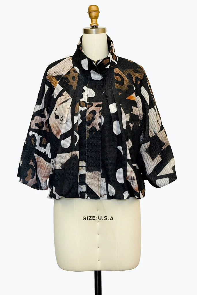DAMEE CROPPED BROWN, CREAM AND BLACK ZIP-UP JACKET - 5178 - BROWN