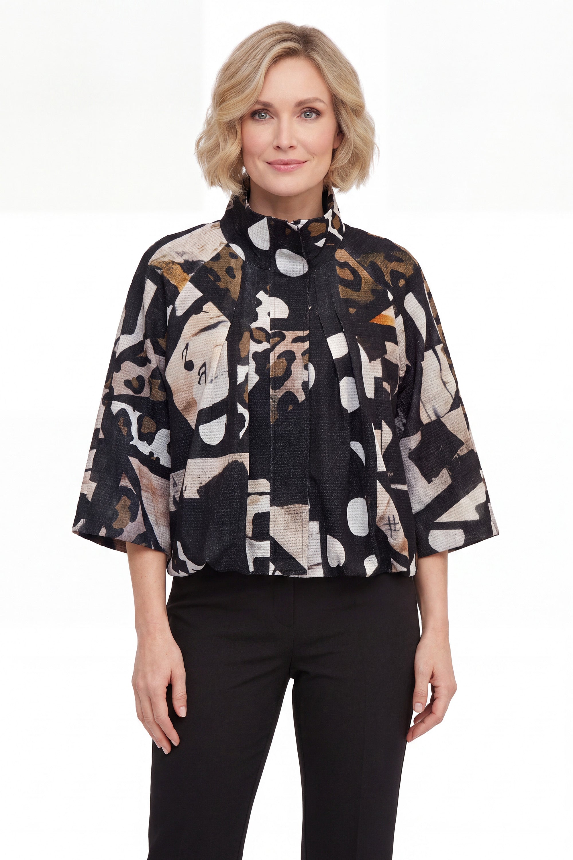 DAMEE CROPPED BROWN, CREAM AND BLACK ZIP-UP JACKET - 5178 - BROWN