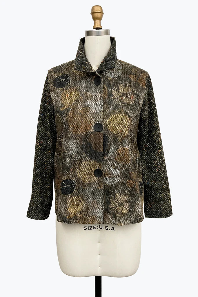 DAMEE ABSTRACT BUTTON DOWN LONG SLEEVES COLLAR TOP - 5183 - BROWN