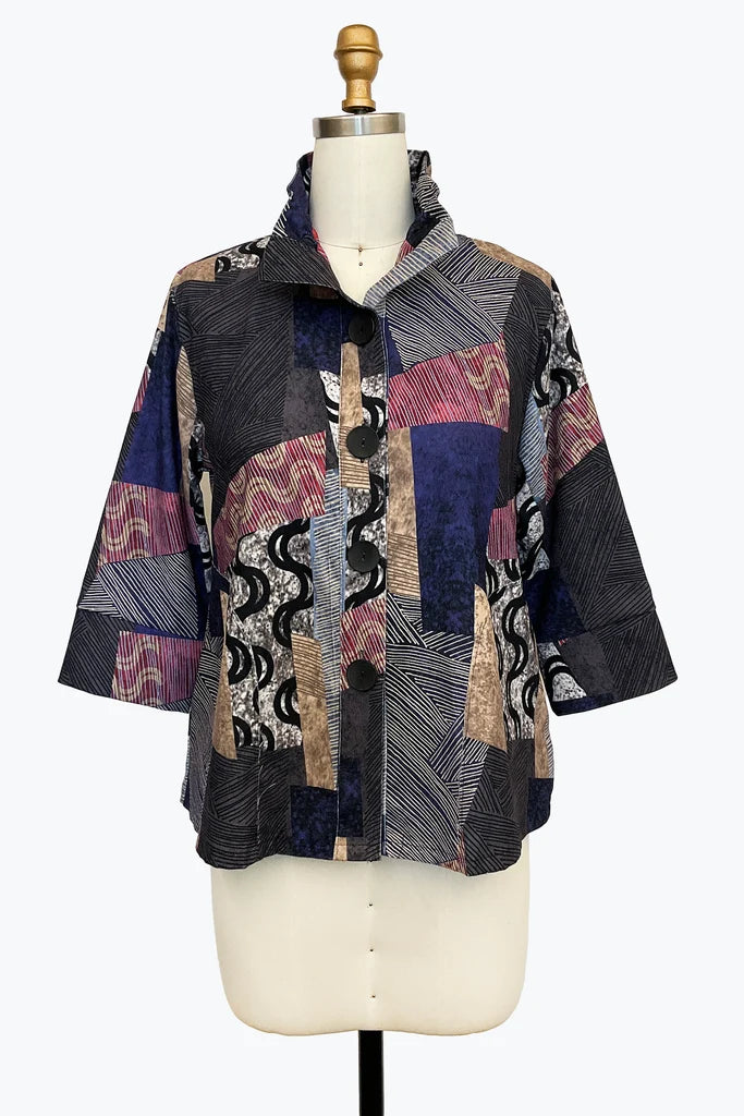 DAMEE ABSTRACT PATCHWORK CLASSIC SHORT BUTTON DOWN COLLARED JACKET - 5184 - MULTI