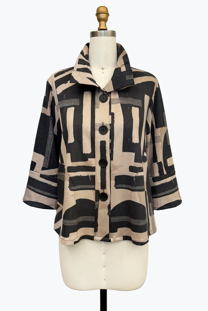 DAMEE BLACK AND BEIGE ABSTRACT GEOMETRIC ART SUEDE COLLARED JACKET - 5185 - BEIGE