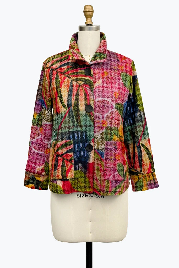DAMEE MULTI COLOR FLORAL HOUNDSTOOTH LONG SLEEVES COLLAR TOP - 5186 - MULTI