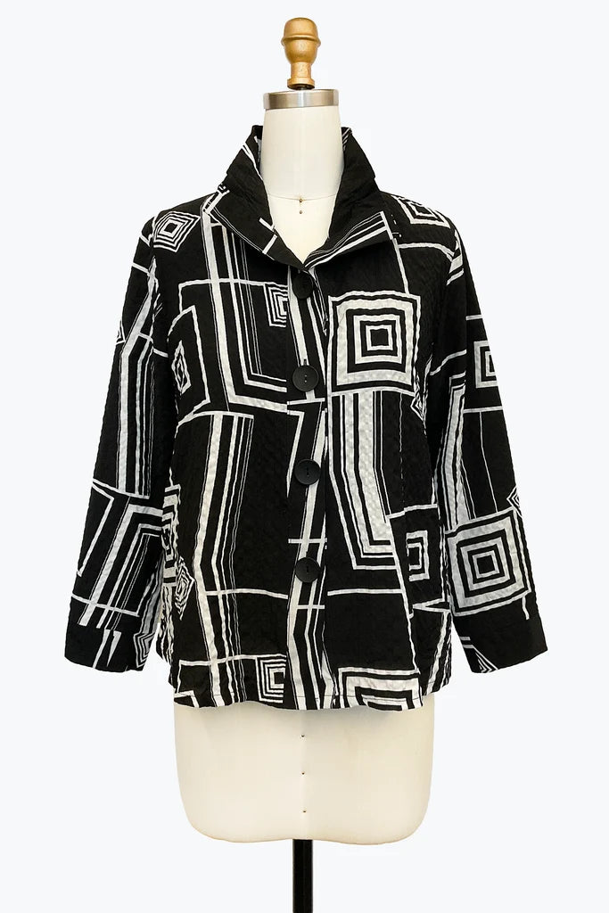 DAMEE BLACK AND WHITE GEOMETRIC SQUARES SEERSUCKER JACKET - 5191 - WHITE