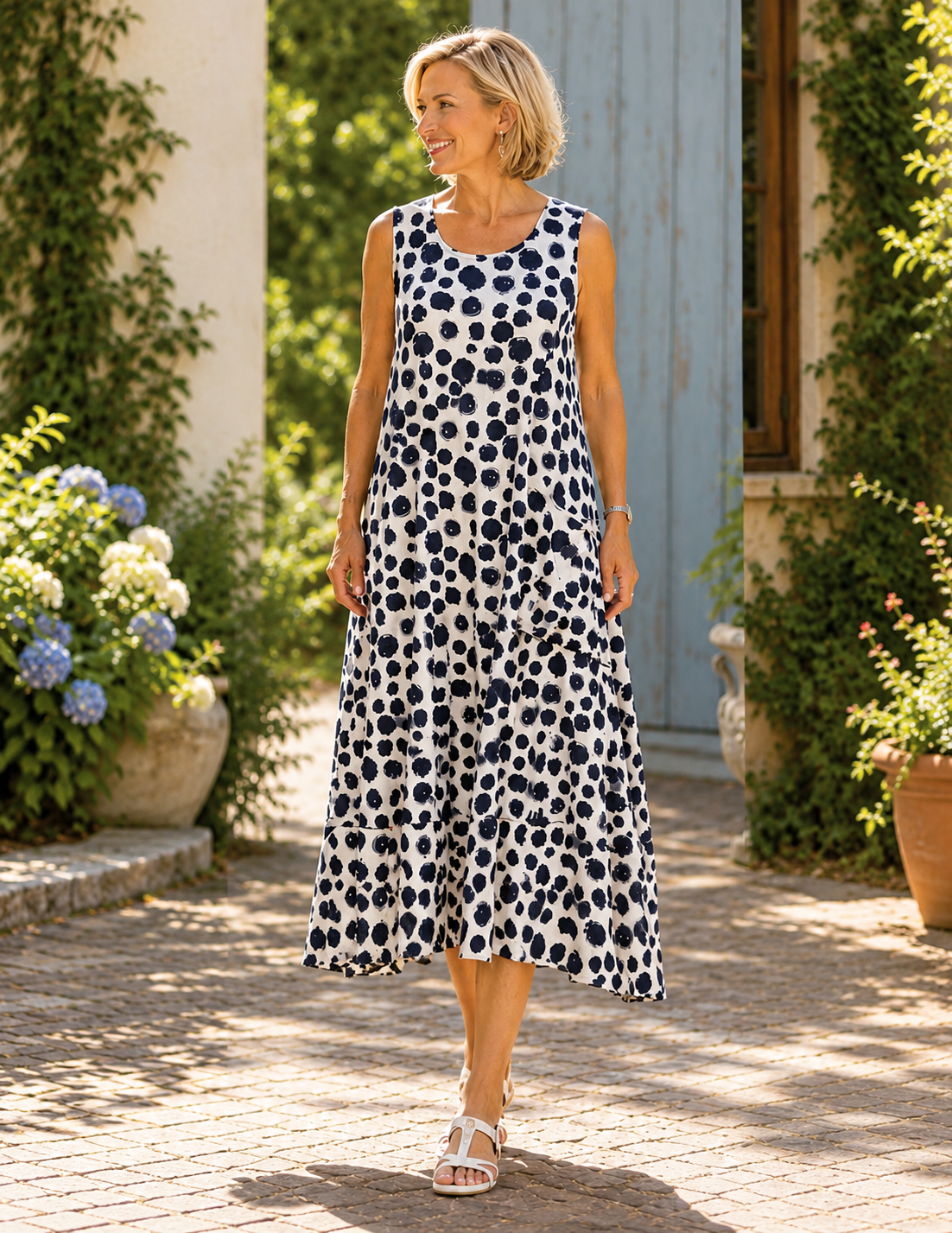 Vine Street Sleeveless Polka Dot Dress - 534 - DOTS NAVY