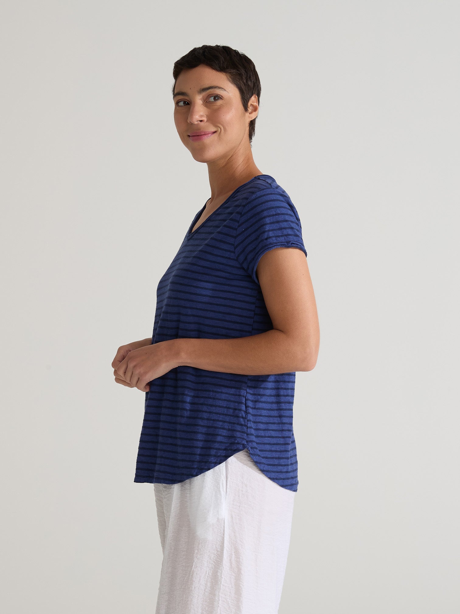 CUT LOOSE - Navy Stripe Raw Edge V-Neck Top - 5476849