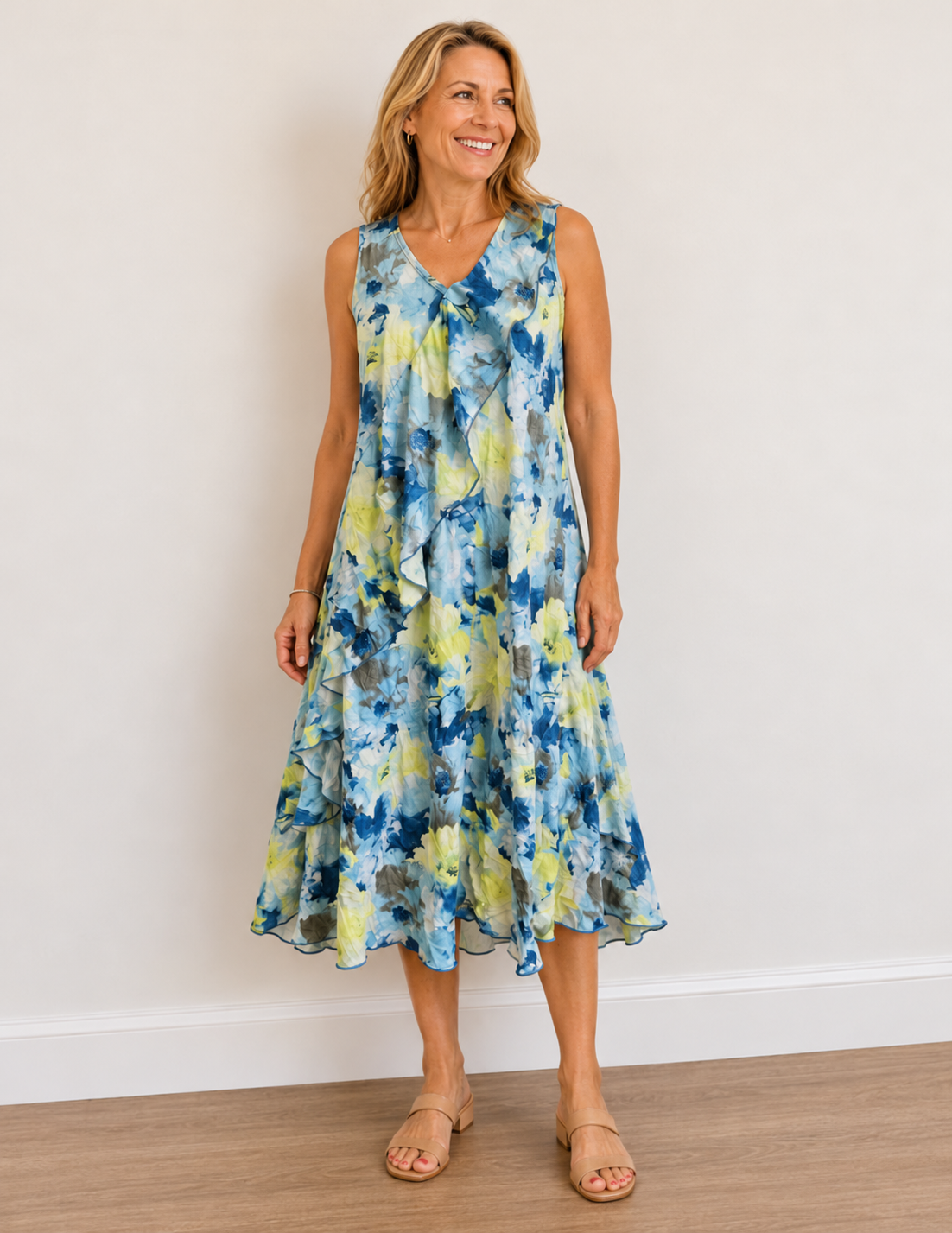 Vine Street Sleeveless Diagonal Ruffle Detail Dress - 564 - DENIM FLORAL