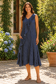 Vine Street Sleeveless Diagonal Ruffle Detail Dress - 564 - GINGHAM NAVY