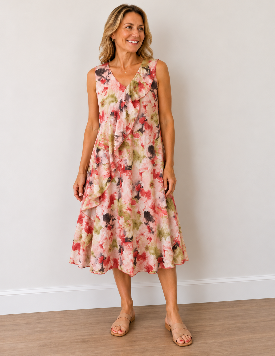 Vine Street Sleeveless Diagonal Ruffle Detail Dress - 564 - PINK FLORAL