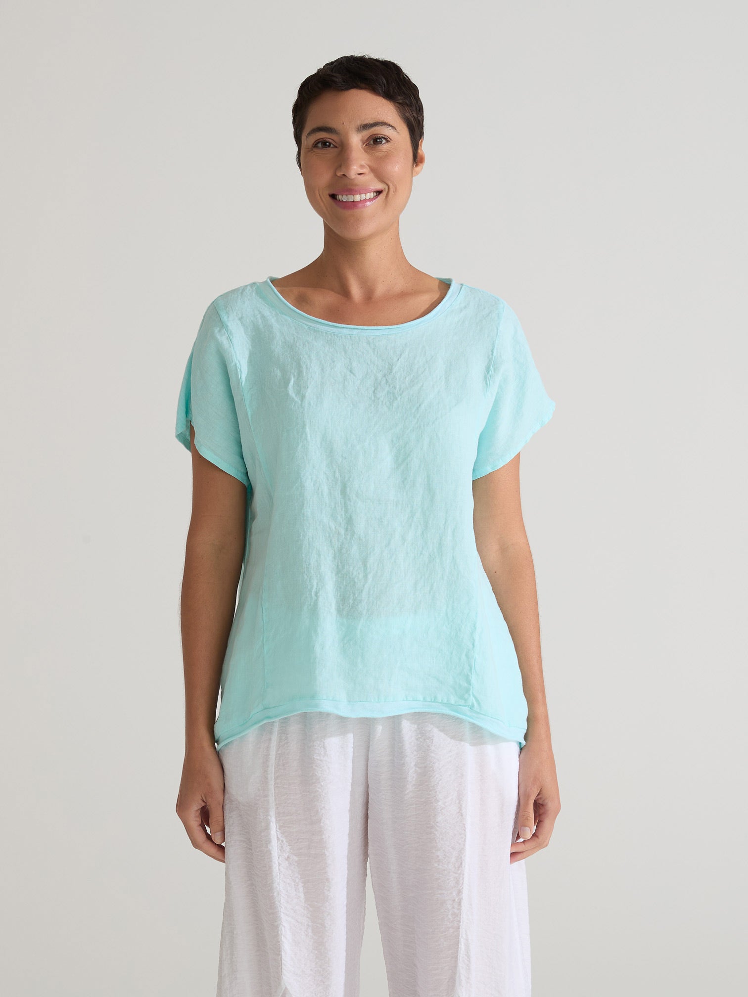 CUT LOOSE - Linen Combo Hi-Low S/S Pullover Top - 5706151