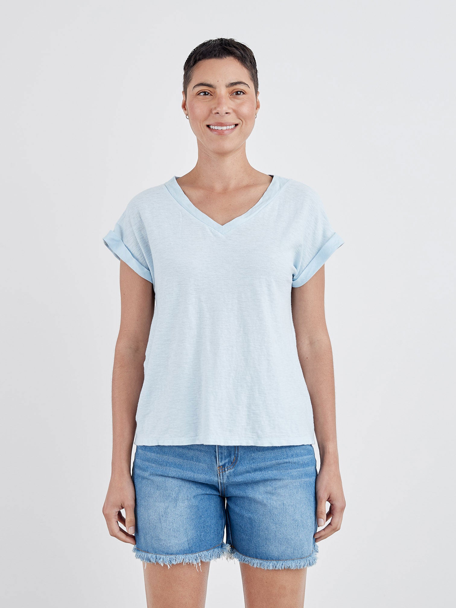 CUT LOOSE - Linen Combo V-Neck Cap Tee - 5706262