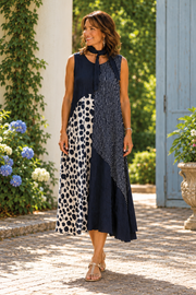 Vine Street Mixed Media Sleeveless Dress - 571 - MIXED NAVY