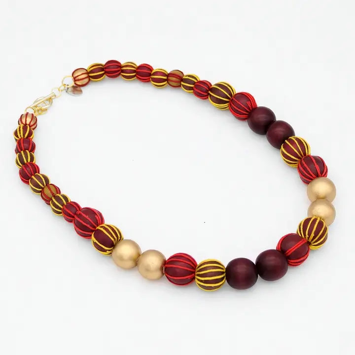 SYLCA Threaded Art Deco Necklace - SD26N34 - MAROON/GOLD