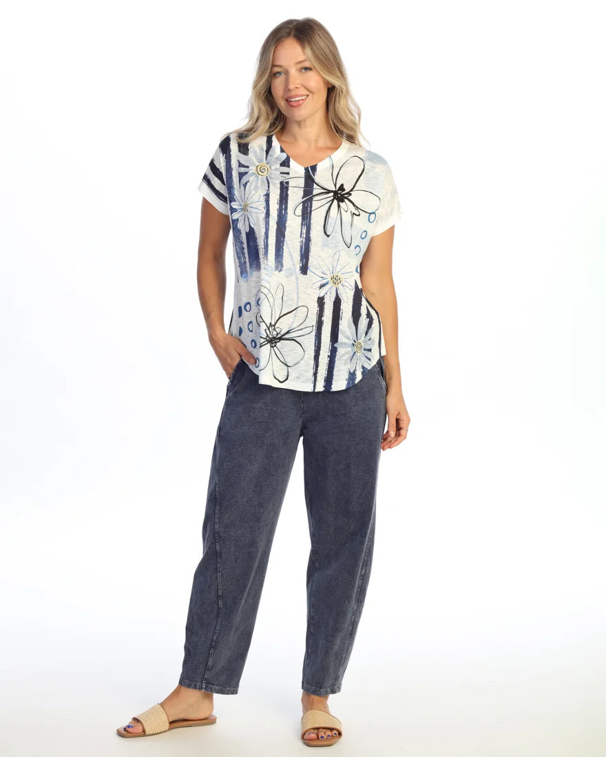 JESS & JANE Slub V-Neck Dolman Short Sleeve Top - 60-2290 - BLUE BLOOM