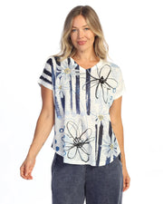 JESS & JANE Slub V-Neck Dolman Short Sleeve Top - 60-2290 - BLUE BLOOM