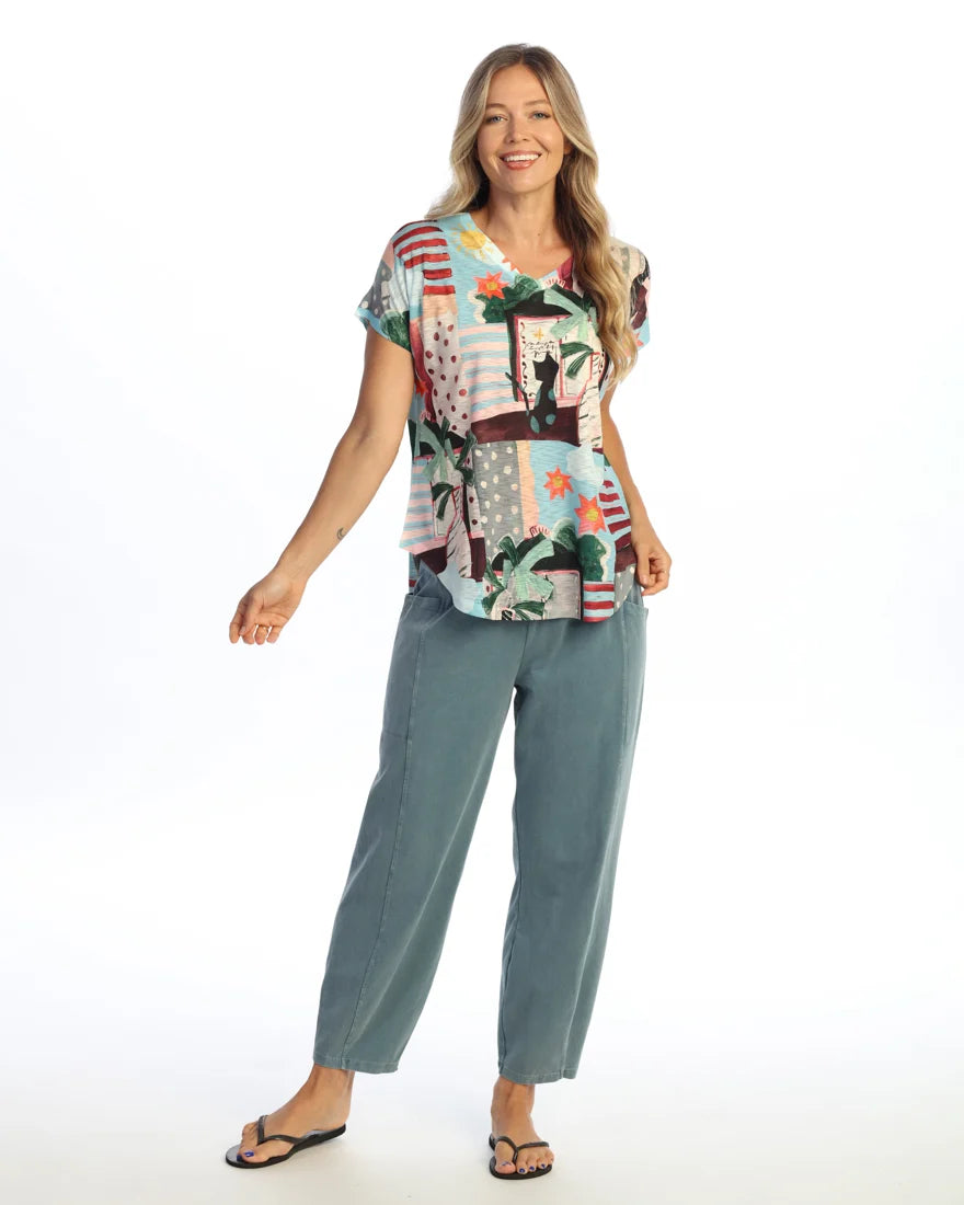 JESS & JANE Slub V-Neck Dolman Short Sleeve Top - 60-2308 - SUNNY DAY