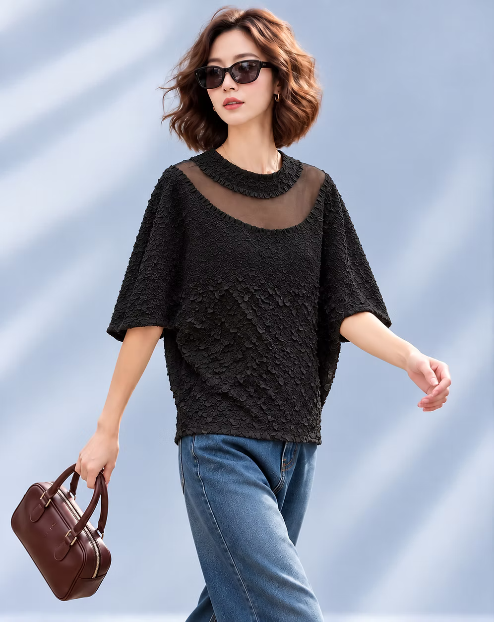 Vanite Couture Pleated Sheer Detail Top - 6019 - BLACK