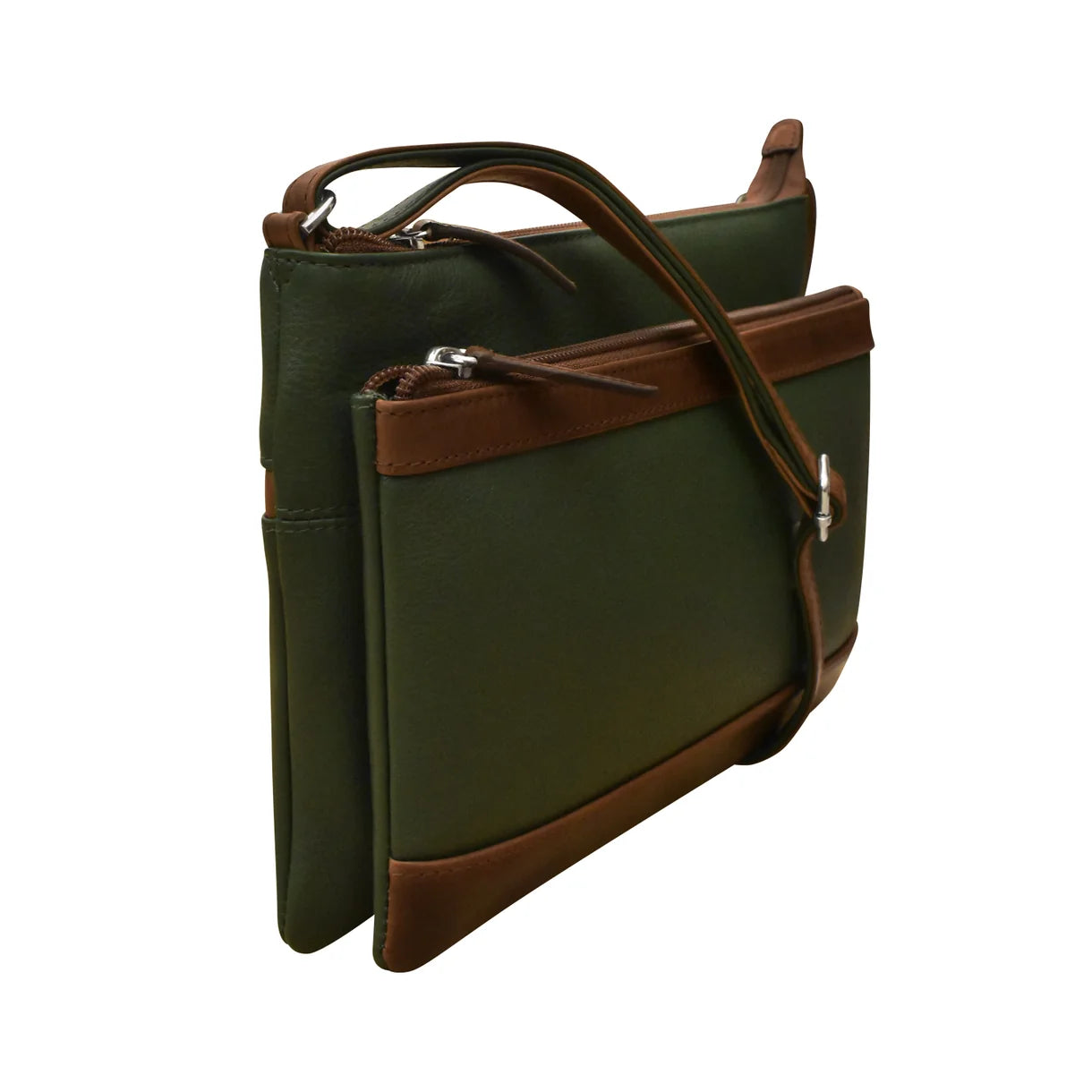 ili New York - DOUBLE ZIP CROSSBODY BAG - 6028 - Hunter Green/Rustic Brown