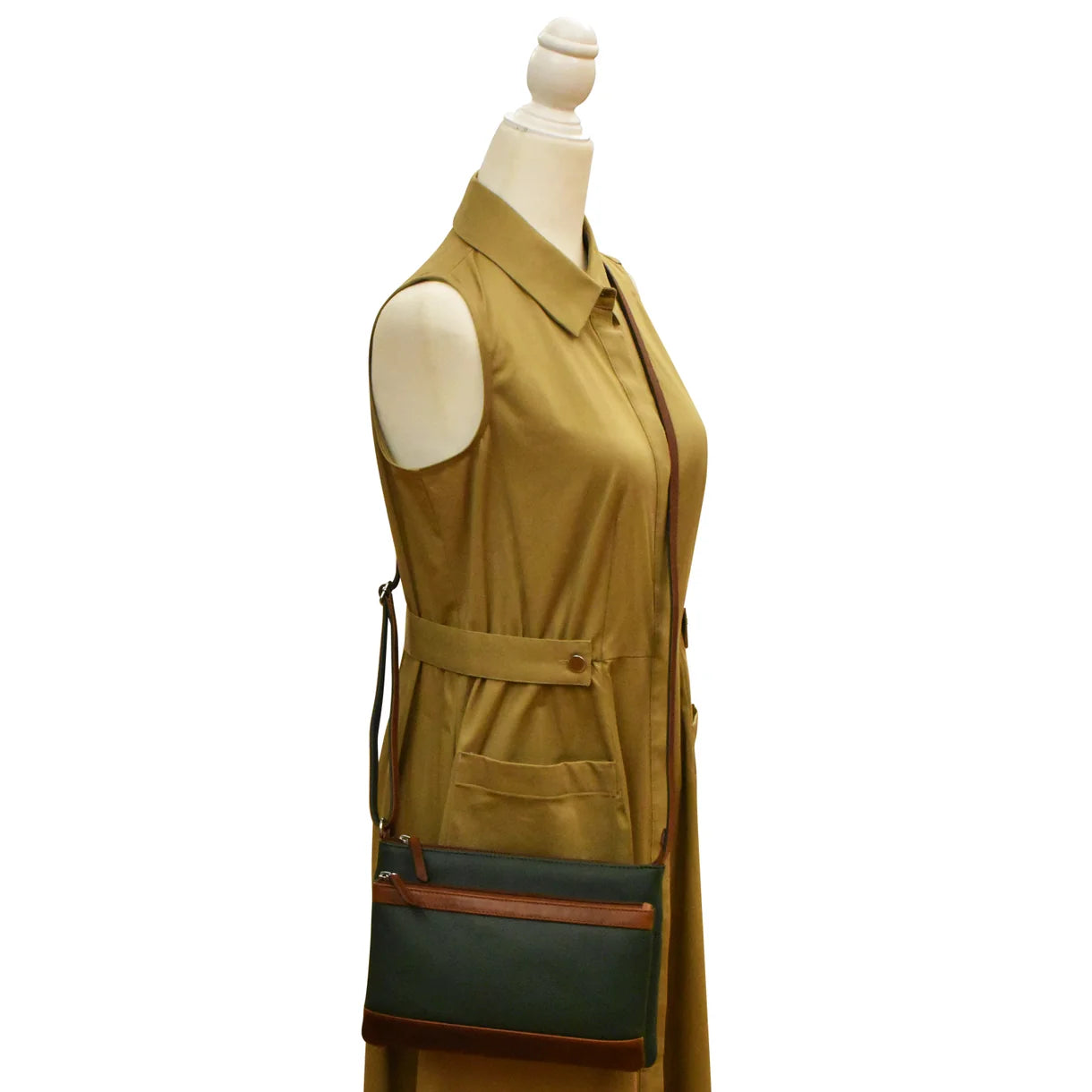 ili New York - DOUBLE ZIP CROSSBODY BAG - 6028 - Hunter Green/Rustic Brown