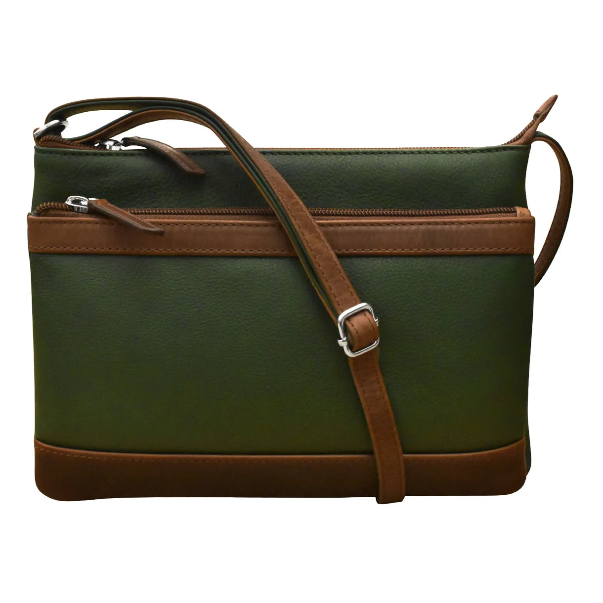 ili New York - DOUBLE ZIP CROSSBODY BAG - 6028 - Hunter Green/Rustic Brown
