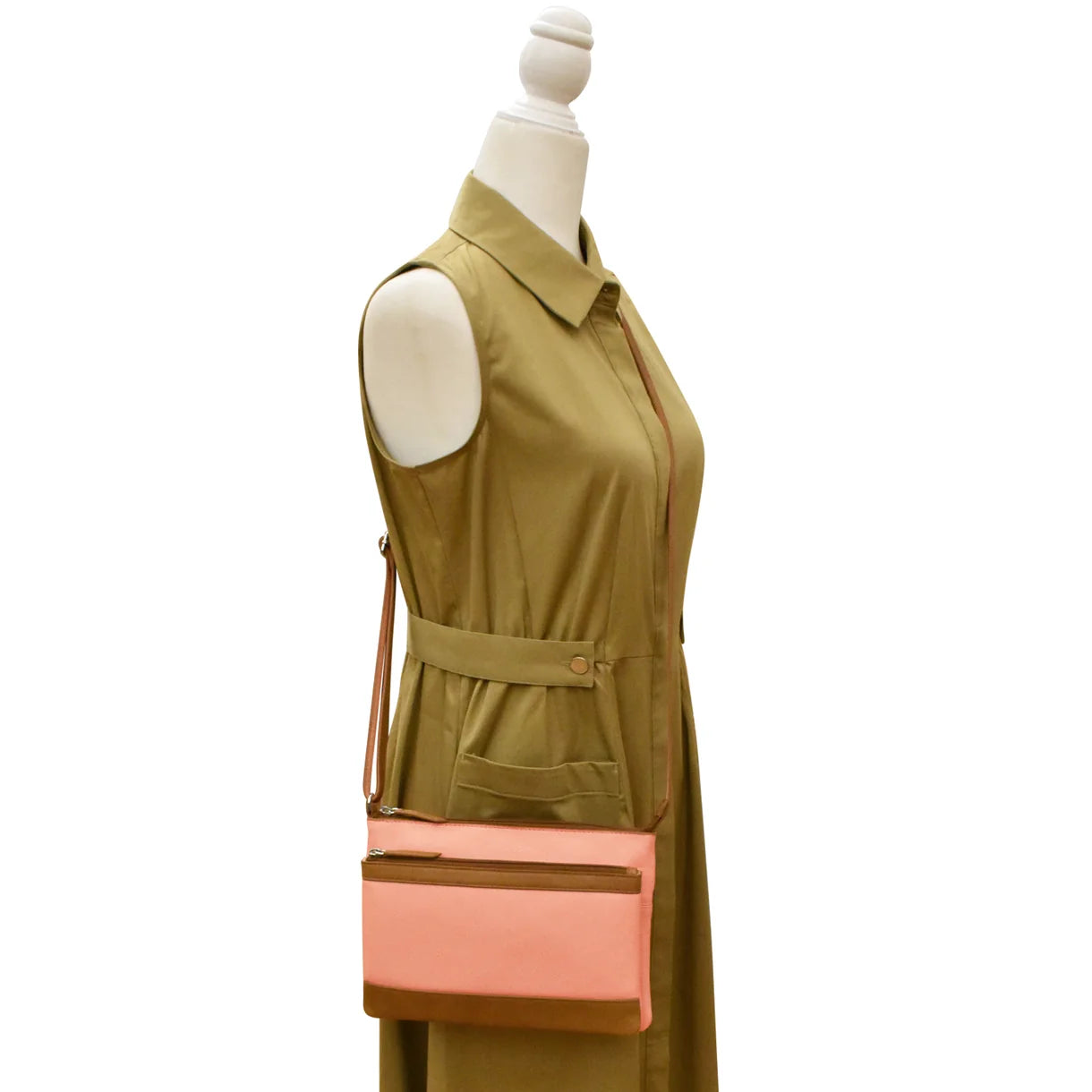 ili New York - DOUBLE ZIP CROSSBODY BAG - 6028 - Peach/Antique Saddle