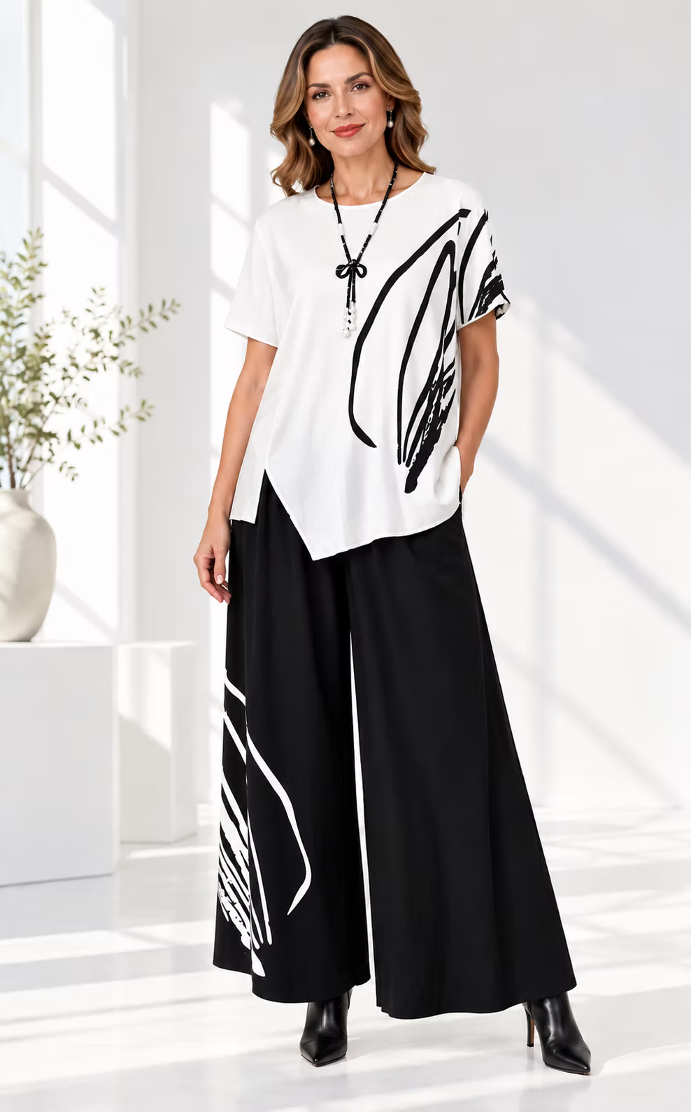 Vanite Couture Wide Leg White Print Pant - 6213 - BLACK