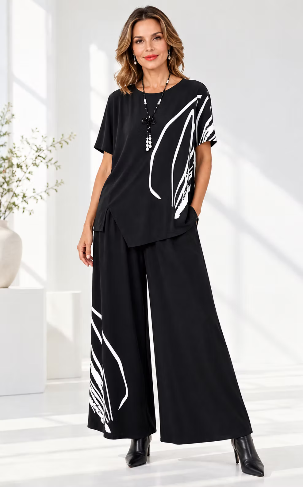 Vanite Couture Wide Leg White Print Pant - 6213 - BLACK