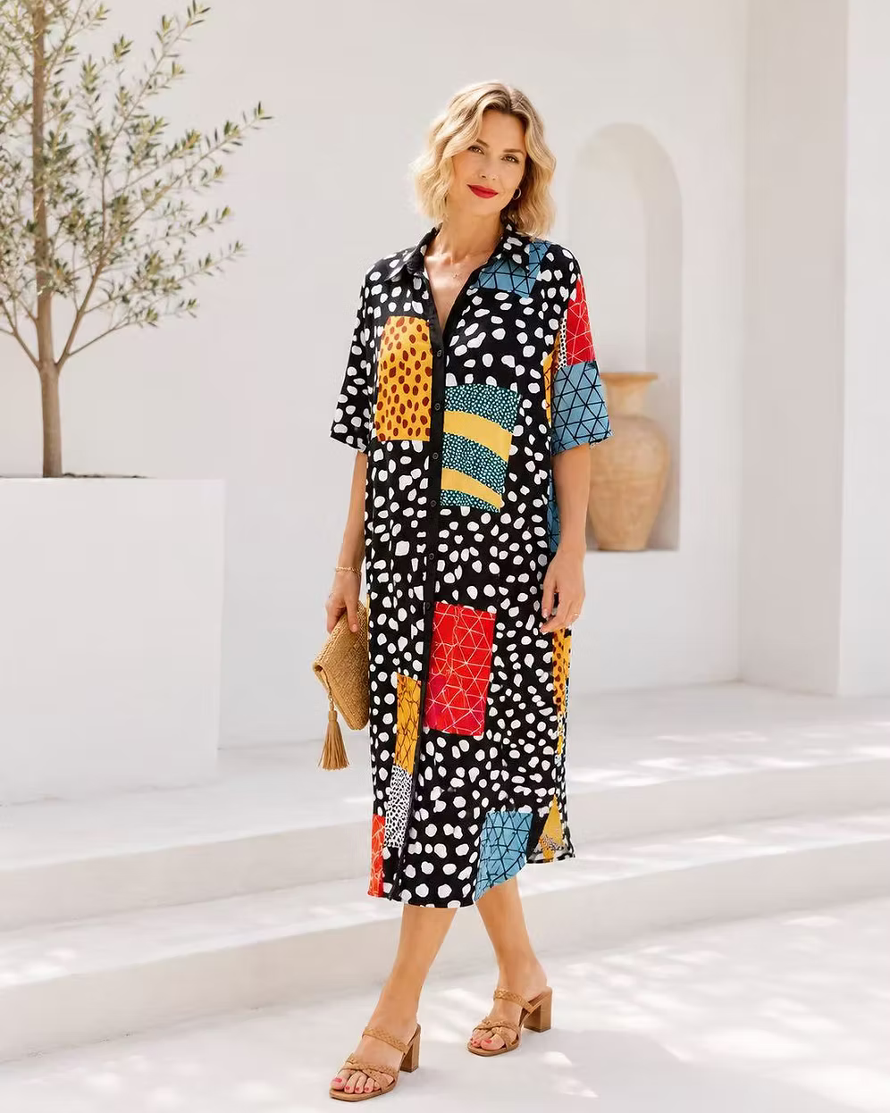 Vanite Couture Zip Front Mixed Media Polka Dot Shirt/Dress - 6242 - BLACK/MULTI
