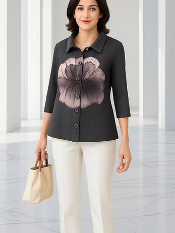 Vanite Couture Button Front Oversized Flower Ribbed Top - 62607 - BLACK