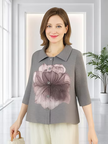 Vanite Couture Button Front Oversized Flower Ribbed Top - 62607 - GREY