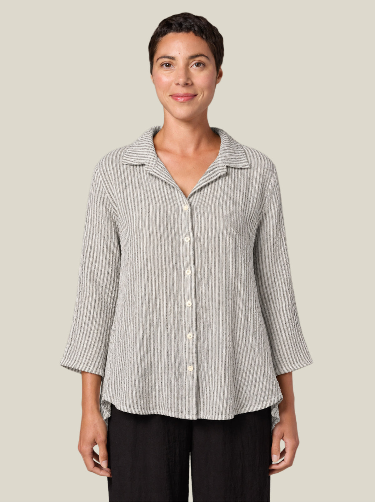 CUT LOOSE Grey Stripe Crinkle Crop Easy Shirt - 0646986