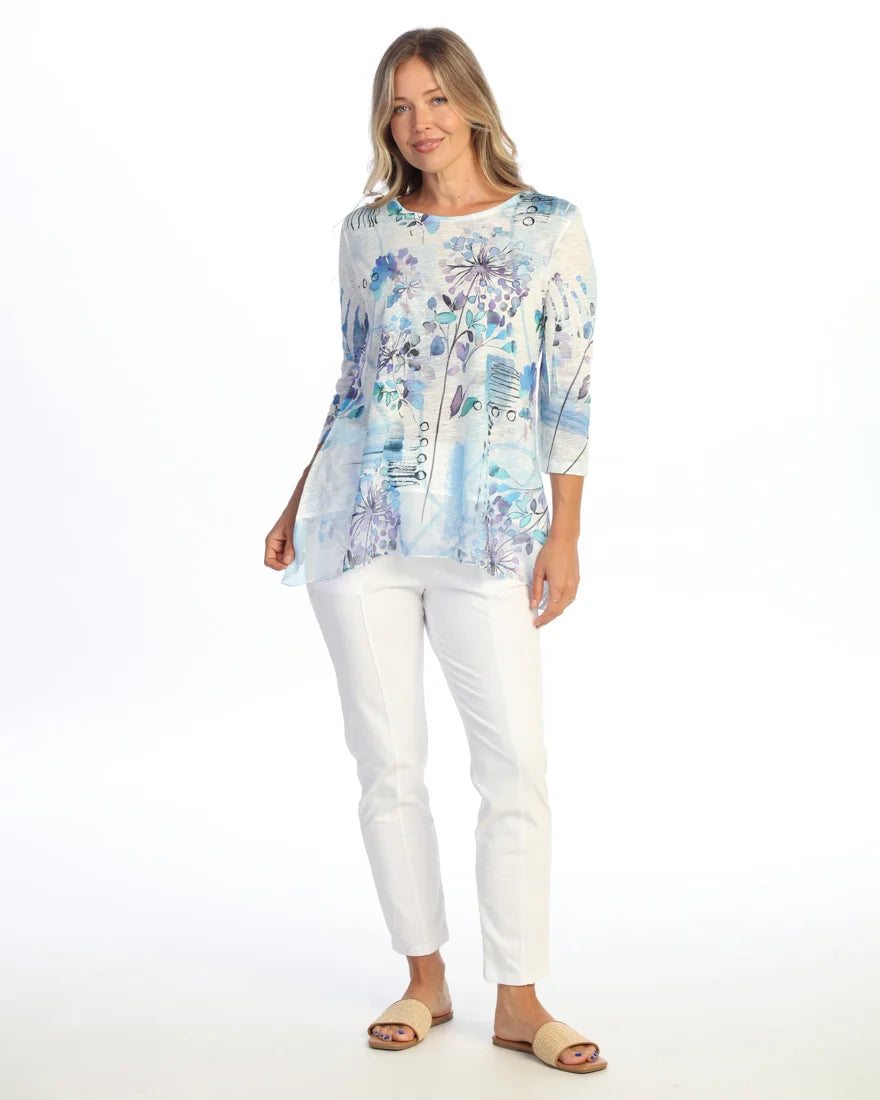JESS & JANE Chiffon Round Neck Contrast Tunic Top w/ 3/4 Sleeves - 63-2286 - WISHFUL